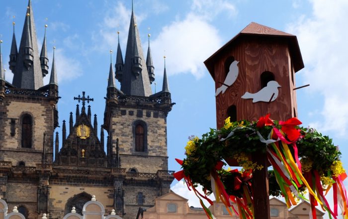 Easter celebration in the Old Town Square. View on Tyn church