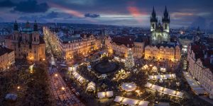 Panoramic view to the old town square of Prague with Christmas Market